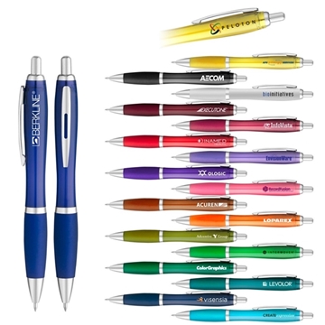 aerial view a group of curvaceous translucent click ballpoint pen, image 1 of 5