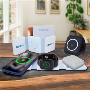 aerial view a group of chi - charge stack 3- in -1 fast wireless charging mat for apple and android, image 1 of 6