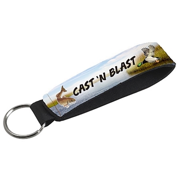 aerial view a group of full color single neoprene wristband with 26mm key ring, image 1 of 2