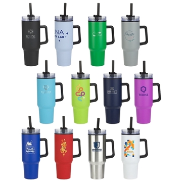aerial view a group of outpost 40 oz stainless steel / polypropylene mug, image 1 of 3