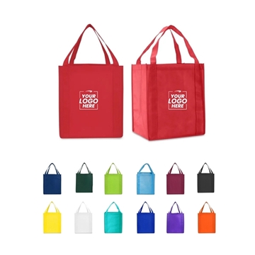 a group of non woven multi color saturn jumbo grocery tote bag 13 x 15