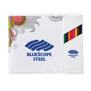 Promotional Deluxe 7X7 Adult Coloring Book & 8-Color Pencil Set