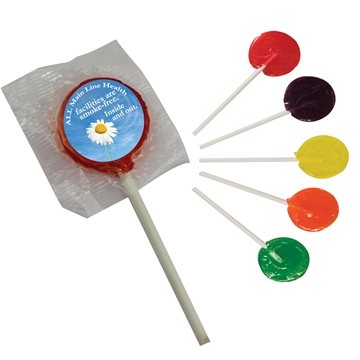 Promotional Round Candy Lollipop w/ Round Label $0.44